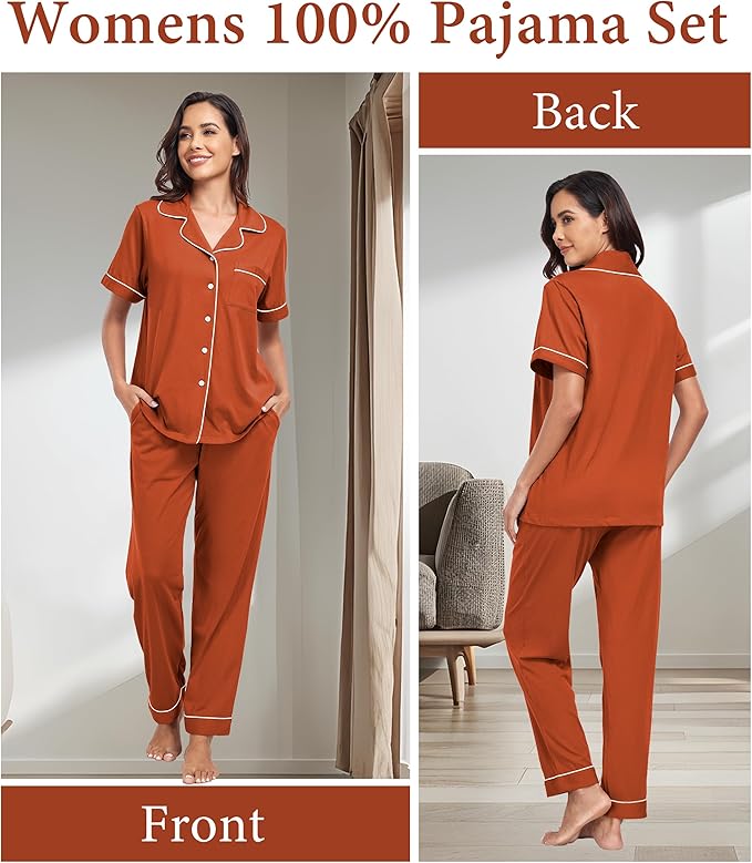 CF Womens 100% Cotton Pajamas Set Button Down Pjs Sets Short Sleeve Top & Long Pants Sleepwear Comfy Loungewear with Pockets