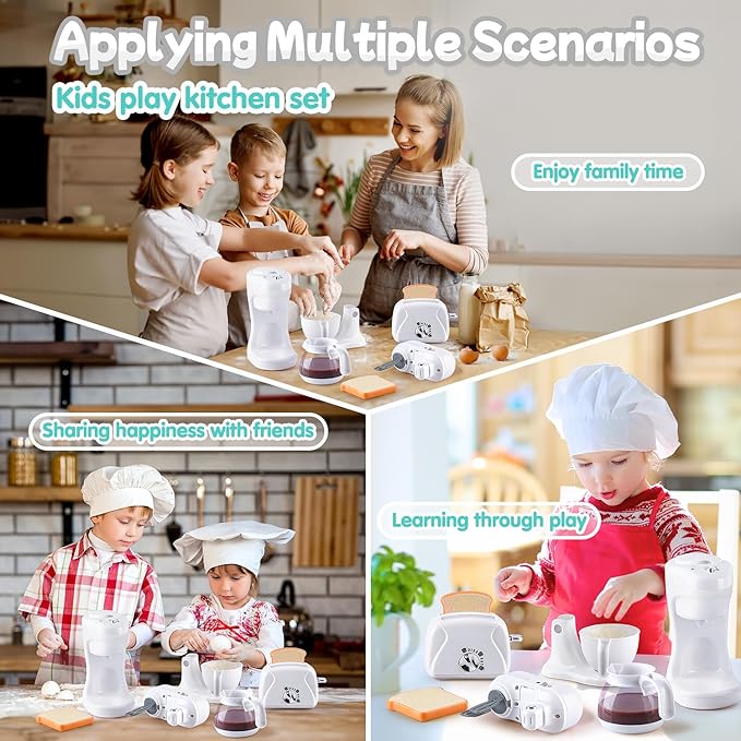 Kitchen Appliances Toys, Kids Play Kitchen Accessories Set, Pretend Kitchen Toys for Kids Ages 4-8, Coffee Maker, Mixer, Toaster with Realistic Lights & Sounds, Gift for Girls Ages 3+