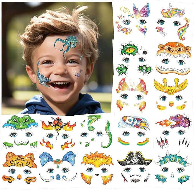 Partywind Glitter Temporary Face Tattoos for Kids, 24 Styles Face Stickers for Face Painting, Waterproof Fake Tattoo Stickers for Kids Makeup, Birthday Party Favors Supplies Goodie Bag Stuffers