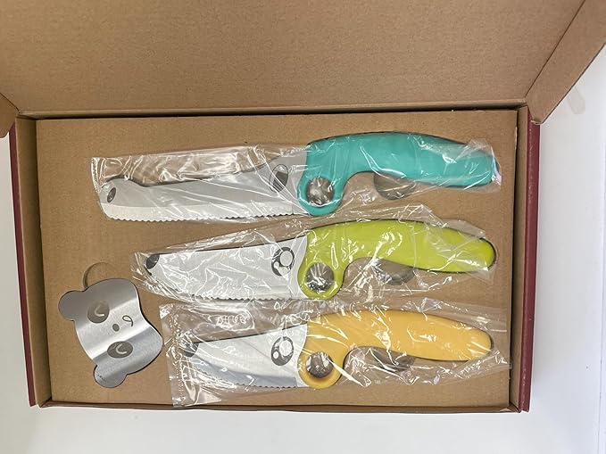 Kids Knife Set for Real Cooking with Educational Ring & Panda Finger Guard for Boys & Girls Cutting, Kids Chef Knife Stainless Steel Blade for Kitchen Cutting-Cool-toned