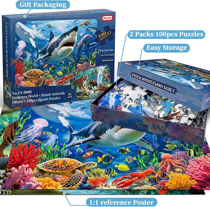 Puzzles for Kids Ages 4-6, 2 Pack 100 Pieces Jigsaw Puzzles for Kids 3-5 4-6 (Forest Animals and Ocean Life), Learning & Educational Games Beautiful Gift for Kid Toddlers 3-8