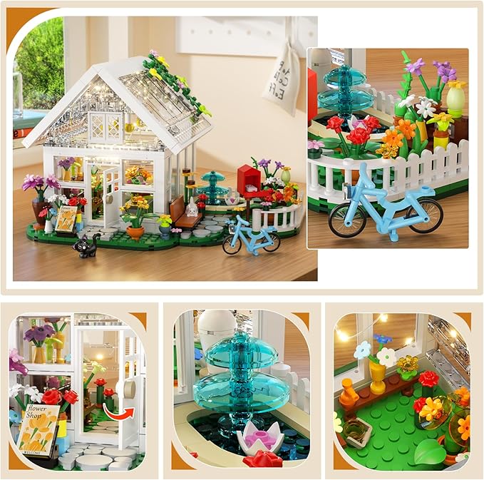 Flower House Building Set with LED Light, Garden House Fountain Countyard Buiding Toy with Flowers Potted & Cat Playset, Greenhouse Model Xmas Decor Gifts for Adults Friends Girls 6+