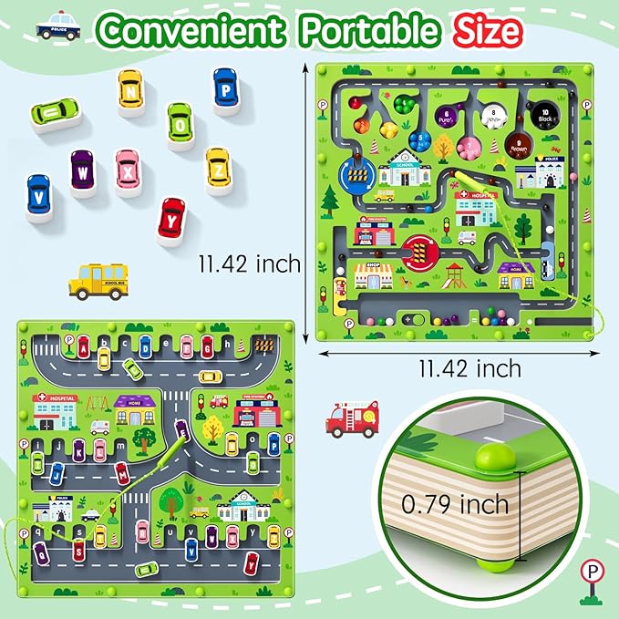 2 in 1 Magnetic Color and Number Maze Magnet Alphabet Counting Double Sided Board Wood Puzzle Fine Motor Skills Montessori Preschool Toys Gifts for Boys and Girls 3-5 Age (Big Car, One Size)
