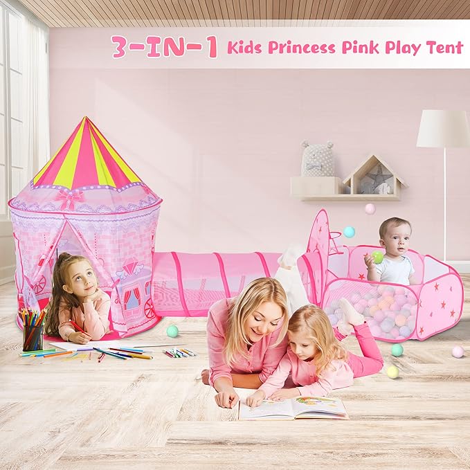 3pc Princess Fairy Tale Kids Play Tent, Oval Crawl Tunnel, Ball Pit for Toddlers, Indoor Outdoor Playhouse Castle Toys, Baby Boys Girls for 3 4 5 6 7 Years Old (Balls Not Included)