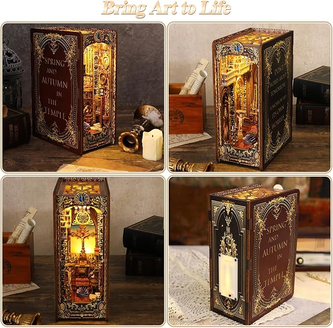Spobot Book Nook Kit DIY Bookshelf Decor Kit with LED Light 3D Booknook Wooden Puzzle Bookend Stand Miniature Dollhouse Kit Gifts for Adults (Covenant Church)