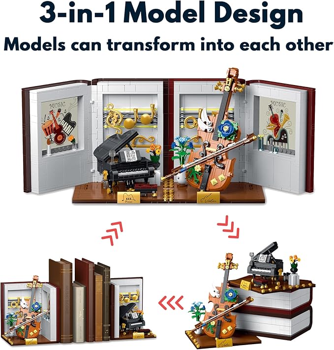 3 in 1 Music Themed Bookend Building Block Toy Set with LED Bricks, Creative Piano and Violin Building Bookstand Model, Home Décor Gift Ideas for Children and Adults (1520 pcs)