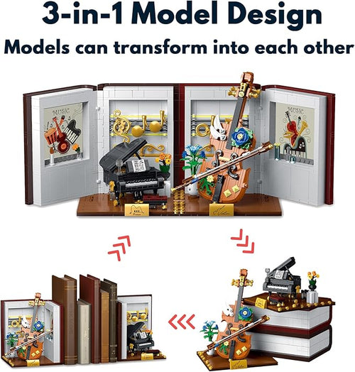 3 in 1 Music Themed Bookend Building Block Toy Set with LED Bricks, Creative Piano and Violin Building Bookstand Model, Home Décor Gift Ideas for Children and Adults (1520 pcs)