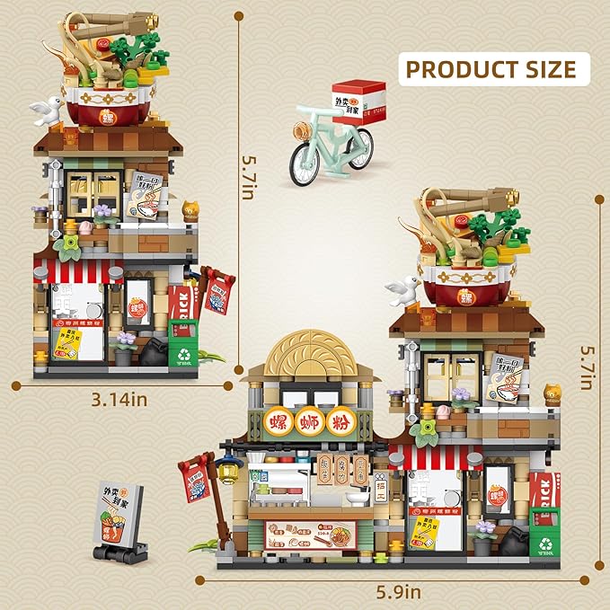 Street View Noodle Shop Mini Building Blocks, MOC Creative Building Toys Model Set for Girls 7-9 Years Old, 870 PCS Simulation Architecture Construction Toy, Gift Idea for Kids Adults