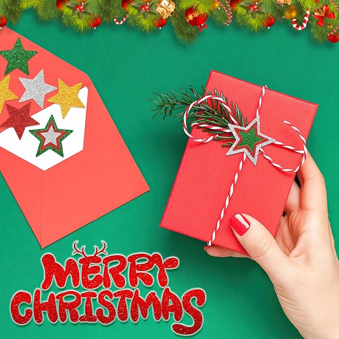 JULBEAR Star Foam Sticker, 300Pcs Christmas Glitter Star Shapes Foam Stickers for Kids Holiday Xmas Party Favors Toddler DIY Crafts Supplies Home Decorations(Red Green Gold Silver)
