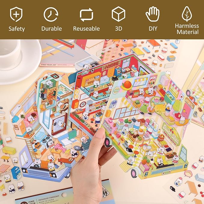 Girls 3D Miniature Scene Stickers,4 Sets Mobile Home DIY House Stickers for Cooking Car,Barbecue Car,VC Energy Car,Camping Car,Cute 3D Cartoon Scene Stickers for Adult Kids Relief Stress Pass The Time