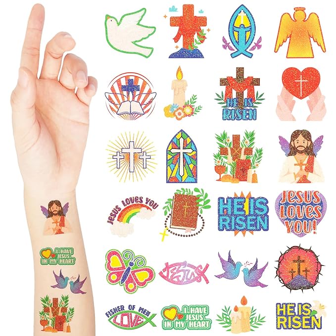 Landhoow 240 Pcs Christian Religious Tattoos Temporary for Kids Glitter Face Tattoos Cool Body Sticker Costume Accessory for Adults Boys Girls Party Favor