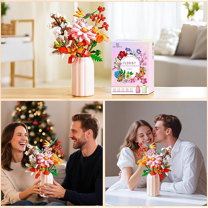 Sawaruita Pretty Pink Flowers Bouquet Building Blocks for Adult,Wildflower Botanical Collection with Vase -Plants Block Toy for Home&Office Decor,Gift for Valentine's Day,Mother's Day,Birthday