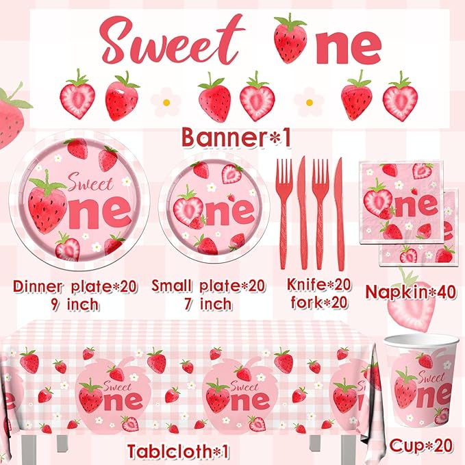 Strawberry First Birthday Party Tableware Set, 142Pcs Sweet One Strawberry Birthday Party Decorations, Include Plates, Cups, Napkins, Banner, Tablecloth for Berry First Birthday Party Supplies