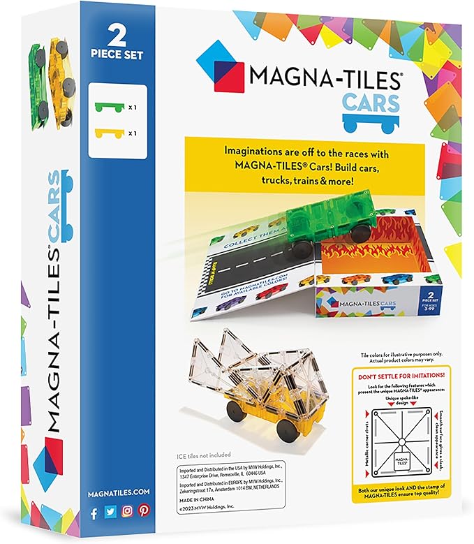 MAGNA-TILES Cars – Green & Yellow 2-Piece Magnetic Construction Set, The ORIGINAL Magnetic Building Brand