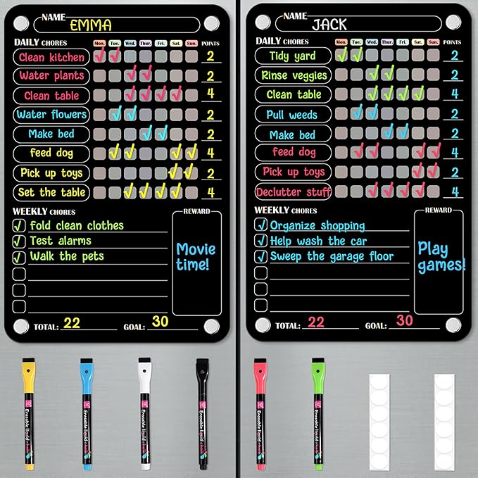 Acrylic Magnetic Chore Chart for Kids Multiple Kids, Clear Chore Board for Fridge Refrigerator, Behavior Reward Responsibility Chart, 2 Dry Erase Chores Chart for Kid with 6 Markers & Anti-Scratch Pad