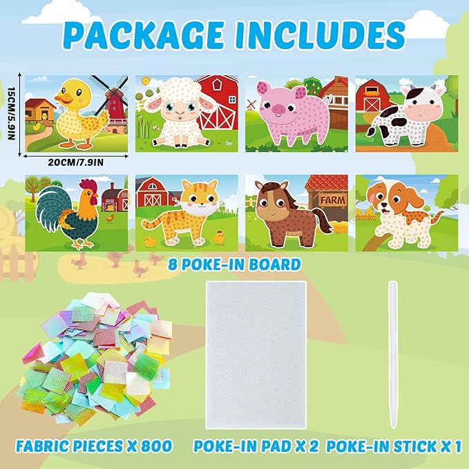 Lonfliness 8PCS Poke-in Craft and Art Kit for Kids Farm Animal Theme No-Mess Fabric Sewing Art Girl Boy 4-12 Puzzle Puncture Painting Farmhouse Sheep Toy Gift for Creative Activity Game Birthday Party