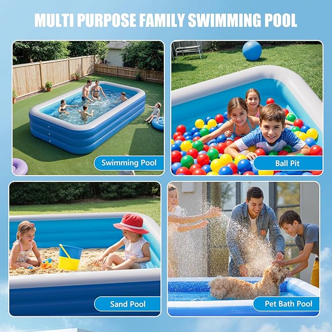 Inflatable Pool for Kids and Adults, 115" x 68" x 22" Blow Up Pools, Rectangular Family Swimming Pool