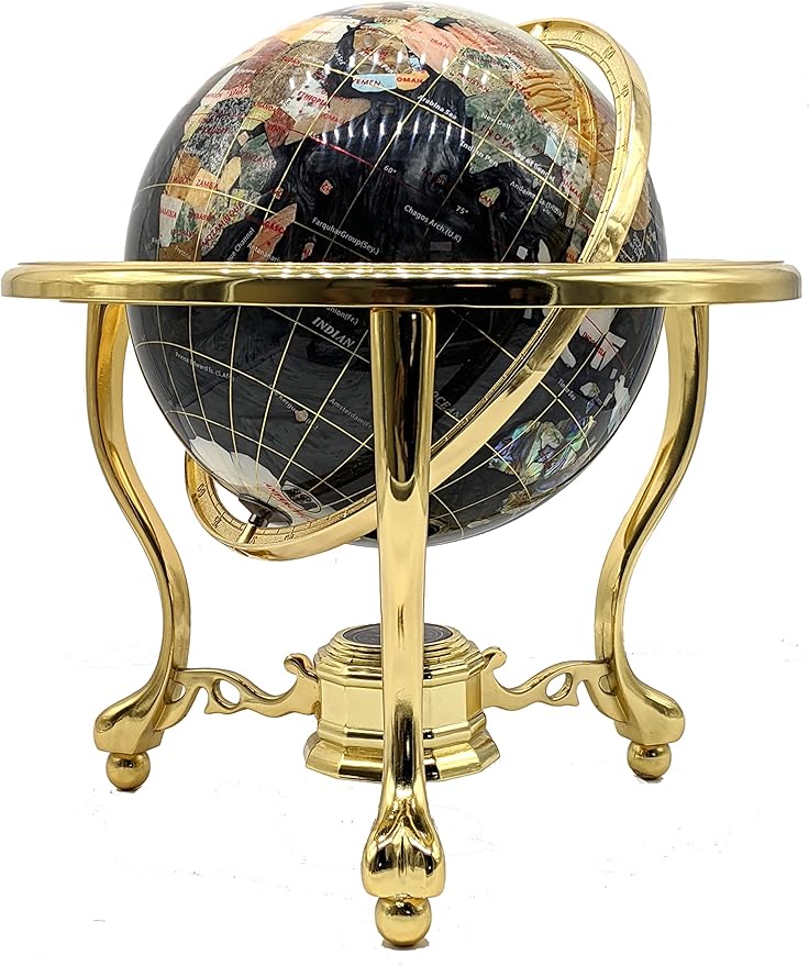 Limited Edition! Unique Art Since 1996 Black Pearl Swirl Table Top Gemstone World Globe with Tripod Gold Zinc Alloy Stand (BLACK PEARL WITH GOLD TRIPOD)