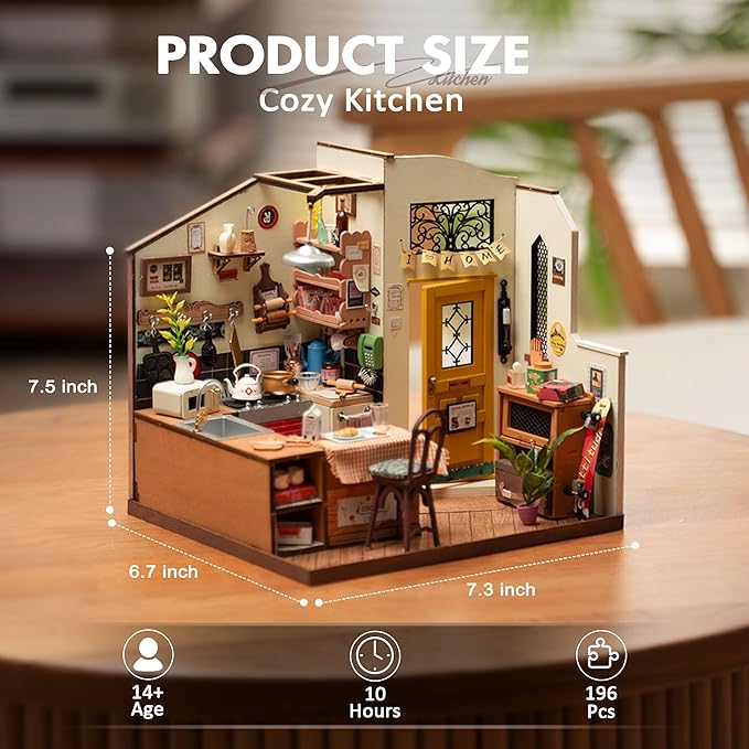 ROBOTIME Miniature House Kit DIY Mini Dollhouse with Furniture Tiny Room Kit with LED Light Hobby Wooden Craft Diorama Gift for Adults (Cozy Kitchen)