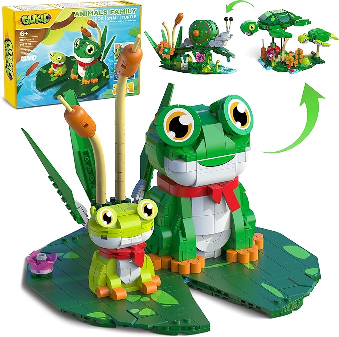 3 in 1 Animals Frog Family Building Set - Animal Figures with 3 Building Options, Create Frog, Turtle or Snail Family - Educational Toy Birthday Gift for Girls and Boys Ages 6+