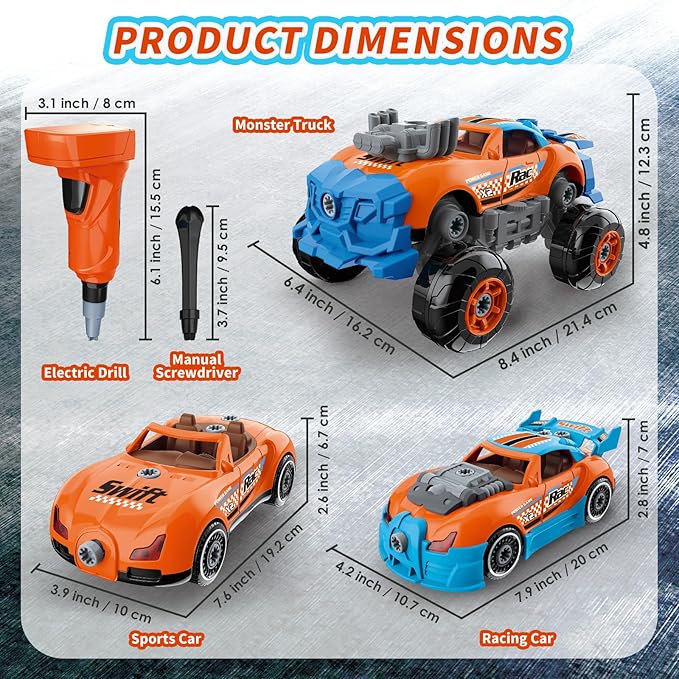 3-in-1 Take Apart Car for Boys Ages 3 4 5 6 7, Building Toys with Electric Drill, 43 Pcs Construction Toy Truck, Build Your Own Car with Play Tools, Ideal STEM Gift for Kids Children (Orange)