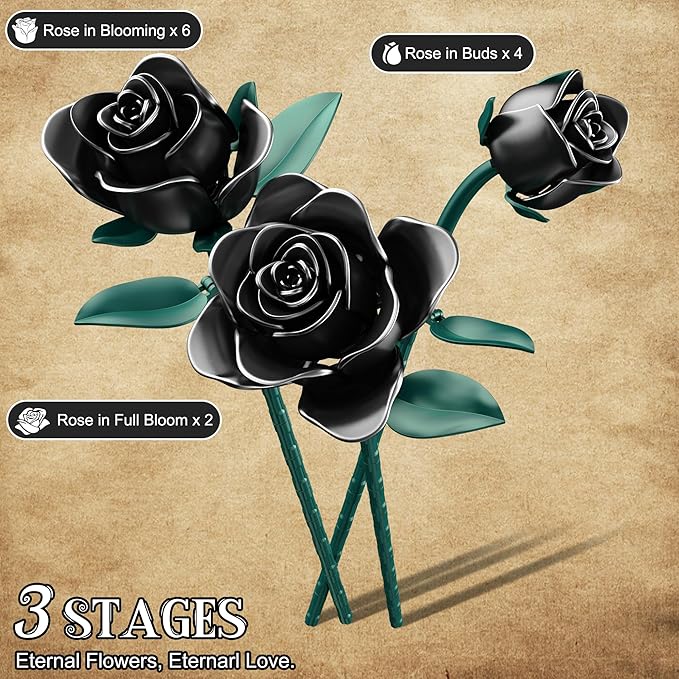 Black Roses Bouquet Building Set, 634Pcs Artificial Rose with 3 Blooming Stages, DIY Floral Home Office Decor for Adults & Kids Ages 6+, Gift for Birthday Valentine's Day Halloween Christmas