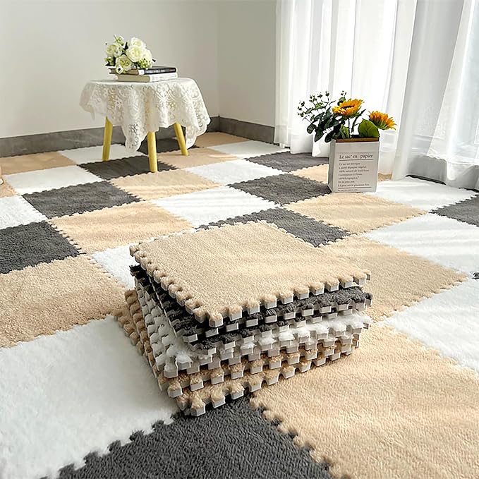 12 Pcs Plush Interlocking Carpet Tiles, Non-Toxic Foam Carpet Tiles for Toddler Baby, Machine-Washable, Anti-Slip, EVA Foam Interlocking Tiles for Floor, Nursery, Grey White Light Brown
