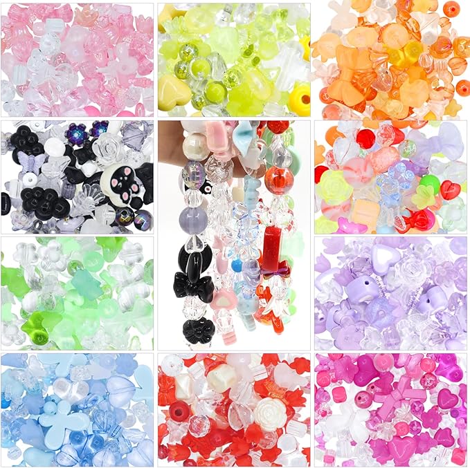 RYKOMO 300-360PCS Acrylic Beads, Cute Assorted Kawaii Aesthetic Beads for Jewelry Making, DIY Bracelet Necklace, Phone Lanyard (10 Candy Colors)