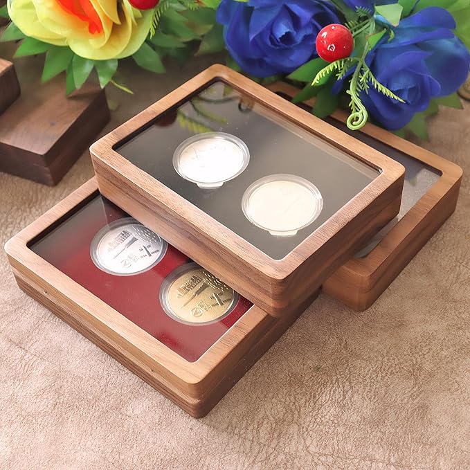 Walnut Wood Challenge Coin Display Case , Coin Box, Acrylic Clear Cover, 2 Slot Design, Compatible with Coins Measuring 17/20/25/27/30/35/40/46mm in Diameter and Less Than 3mm in Thickness