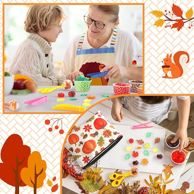 Jenaai 228 Pcs Sensory Bin Filler Fine Motor Skills Toys Counting Weight Sorting Toy Set with Acrylic Fall Leaves Pumpkin Tweezers Scissors Clips Cups and Storage Bag for Thanksgiving and Autumn Decor