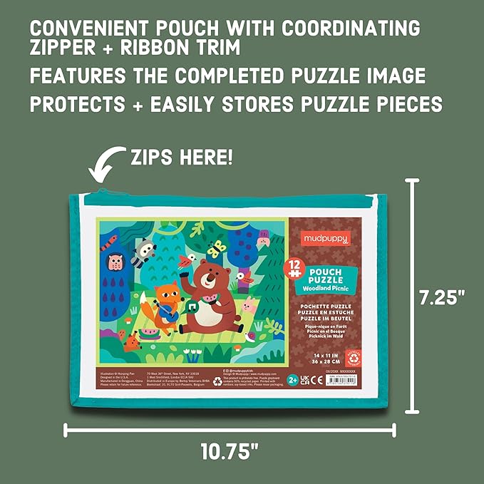 Mudpuppy Woodland Picnic – 12 Piece Puzzle with Reusable Zipper Pouch Featuring Colorful and Fun Illustrations of Forest Animals Perfect for Easy Storage and Travel