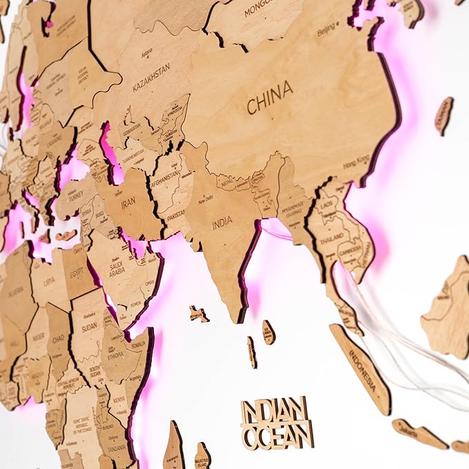Enjoy The Wood 3D Wood World Map LED 3.0 Wall Art Modern Home Decor Gifts LED Lighting Wall Decor Housewarming Gift (Light)