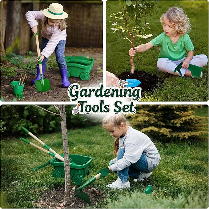 Kids Gardening Tools Set,15Pcs Wheelbarrow Set for Kids with Shovel, Rake, Watering Can Outdoor Backyard Farm Digging Toys, Halloween Christmas Birthday Gifts for Boys Girls