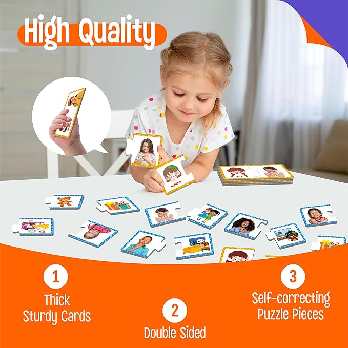 Feelings & Emotions Puzzle Cards, 50PCS Puzzles with Different Moods-Learn to Identify Various Feelings, Learning Toy for Kids with Autism, ADHD -Educational Tools for Therapy, Classroom, Home Use