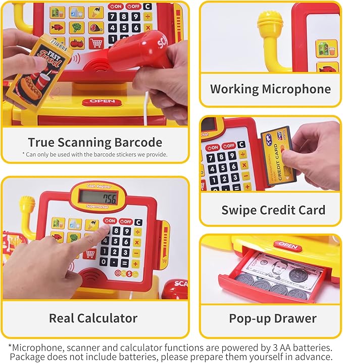 FS Toy Cash Register for Kids, with True Barcode Scanner & Calculator Toys, Pretend Play for Toddlers 3-5, Shopping Playset, Kids Cash Register with Credit Card for Boys and Girls