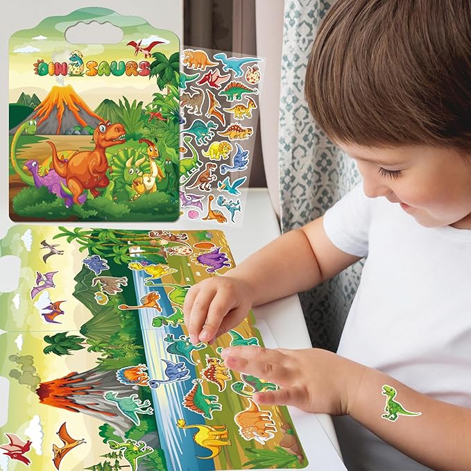 2 Set Reusable Sticker Books for Toddlers 2-4 Years, Puffy Reusable Sticker Activity Book for Kids Toddlers 1-3 Girls Boys Birthday Gifts Include Vehicles&Dinosaur
