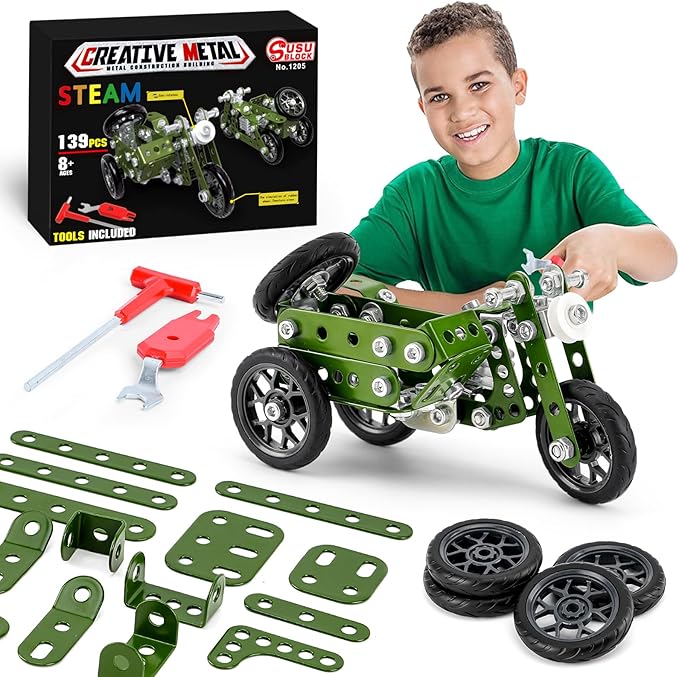 Creative Sets Building Toys Motor Tricycle Set-139 Pieces DIY Building Stem Projects Toys for Kids Boys Ages 8-12,Metal Building Toys Set Gifts for Model Military Motorcycle Fans