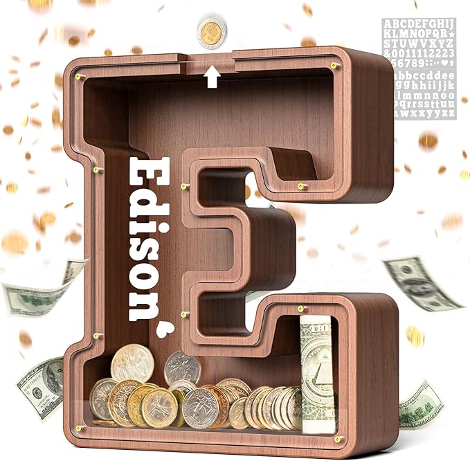 Summidate Wooden Letter Piggy Bank, Extra Thick Large Capacity Piggy Bank for Kids Boys Girls Toddler, Alphabet E Money Bank| Coin Box Birthday, Christmas, Festival