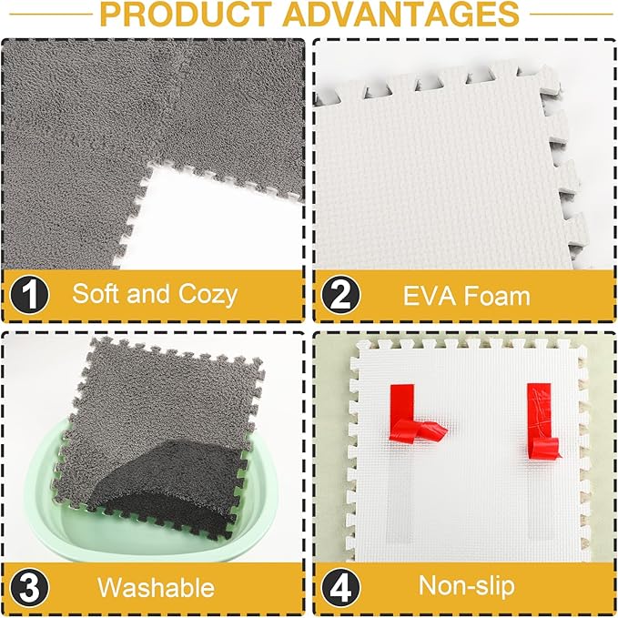 12 Pcs Plush Interlocking Carpet Tiles, Non-Toxic Foam Carpet Tiles for Toddler Baby, Machine-Washable, Anti-Slip, EVA Foam Interlocking Tiles for Floor, Nursery, Playroom, Grey White Black