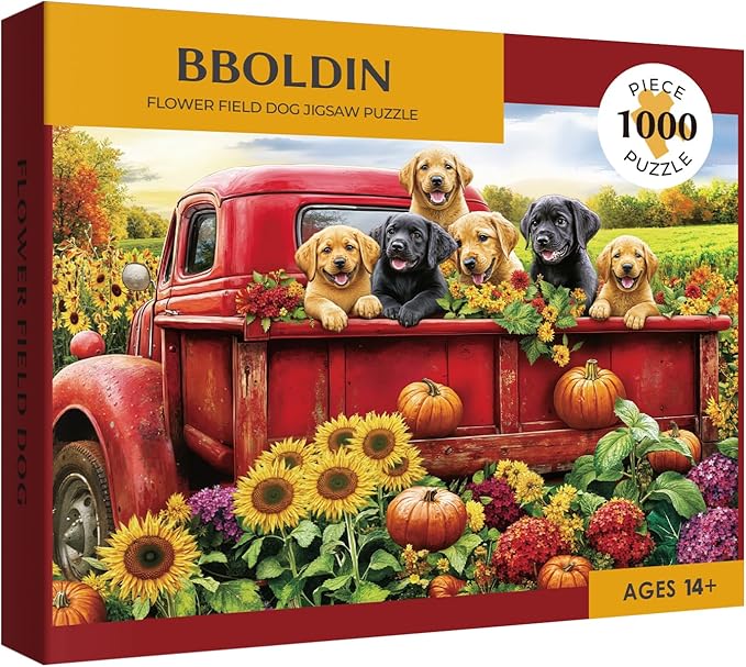 Dog Truck Flower Puzzle 1000 Pieces for Adults, Farm Fall Autumn Sunflower Jigsaw Puzzle, Animal Country Vintage Funny Puzzles