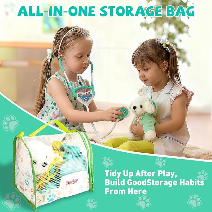 Doctor Kit for Kids, Pretend Play Doctor Play Toys for Toddlers 3-5 with Plush Dog, Stethoscope, Carring Bag, Veterinarian Pet Care Role Play Vet Set Birthday Gift for Girls Boys Aged 3 4 5 6 7 Years