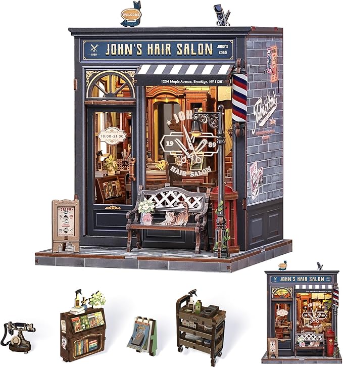 Book Nook Kit, DIY Miniature House Kits for Adult and Teens, Dollhouse Tiny Booknook Garden House Bookshelf, DIY Craft Gifts for Family and Friends (John's Hair Salon)
