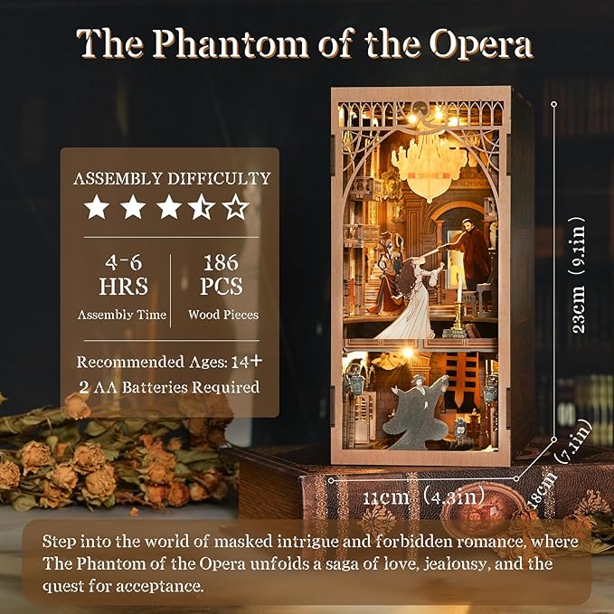 Book Nook Kit, DIY Miniature Dollhouse Booknook Kit, 3D Wooden Puzzle Bookend Bookshelf Insert with LED Light for Teens and Adults (Phantom of The Opera)