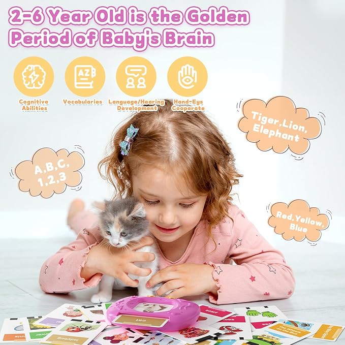 HOMESTEC Toddlers Talking Flash Cards with American Accent & 288 Sight Words, Speech Therapy Toys for 1 2 3 4 5 6 Years Old Boys and Girls, Learning Montessori Sensory kit, Kids Birthday Gifts (Pink)