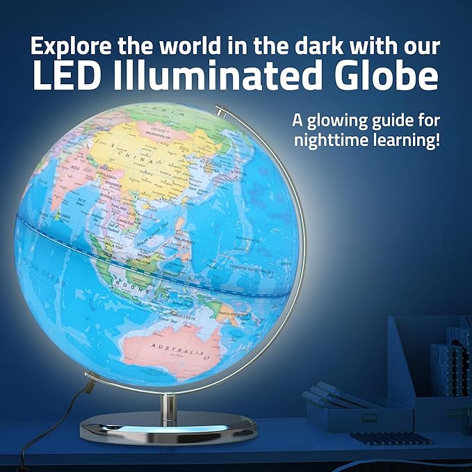 LED Illuminated World Globe with Chrome Rotating Stand – 3-in-1 Educational Tool for Kids & Adults, Interactive Learning Globe with Constellation Map, Lighted Display, 9.5 Inch