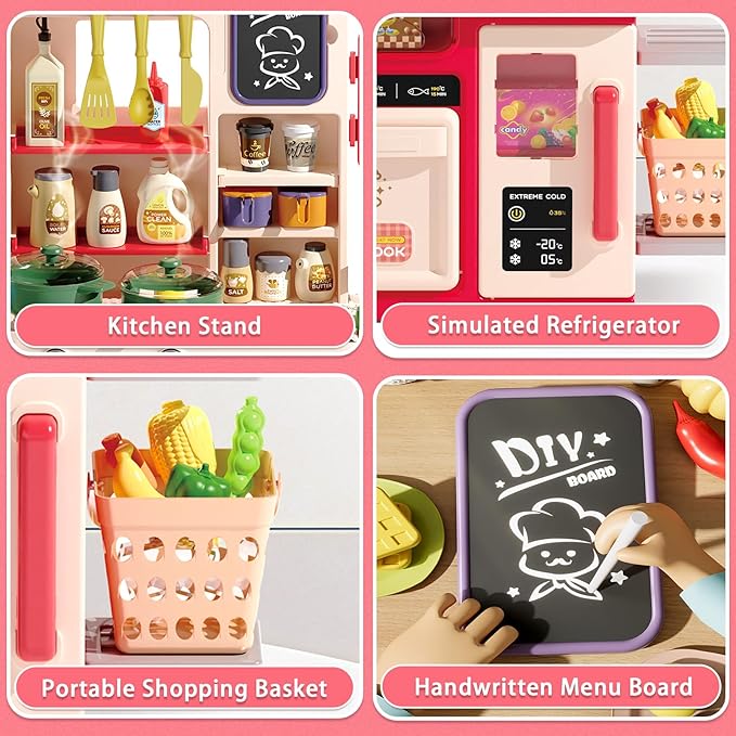 Kids Kitchen Playset Set, 63PCS Pretend Play Kitchen Toys for Toddlers, Cooking Stove with Steam Sound Light, Play Sink with Manual Faucet, Play Food Accessories Gift for Girls, 33’’H Red