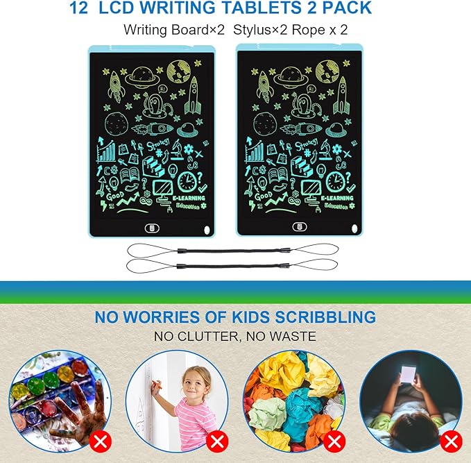 2 Pack 12 Inch LCD Writing Tablet for Kids, Electight Colorful Doodle Board, Eye Protection Drawing Tablet with Lock & Erase FUNC, Birthday Gifts Education Toys for 3-8 Years Old Boys and Girls - Blue