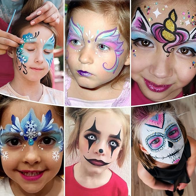 Fainne 68 Pcs Face Paint Stencils Kit, 48 Reusable Facial Painting Stencils with 10 Stickers 10 Painting Brushes Plastic Tattoo Templates for Halloween Party Makeup DIY Drawing Art(Weird Style)