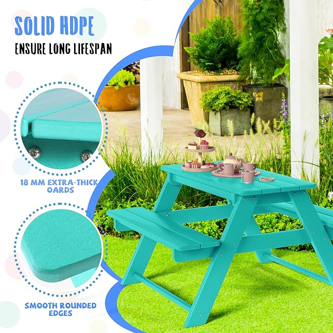 Costaelm Kids Picnic Table, HDPE All Weather Outdoor Toddler Picnic Table and Chair Set Kids Bench for Patio, Backyard, Garden, Lawn, Turquoise