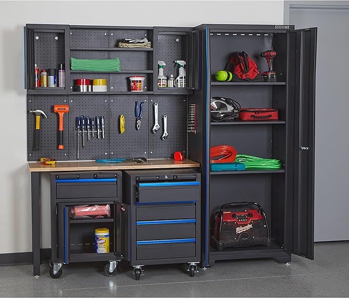 Strongway Steel Garage Storage System with Drawers, Pegboard, Shelves, Tabletop, 2 Rolling Cabinets, 81.5in. x 75.7in.